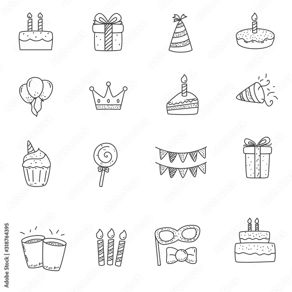 Naklejka premium Set of birthday doodle elements in cute hand drawn style. Birthday doodles icons for kids 