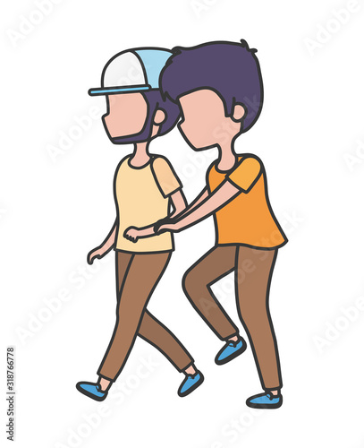 men young characters walking cartoon