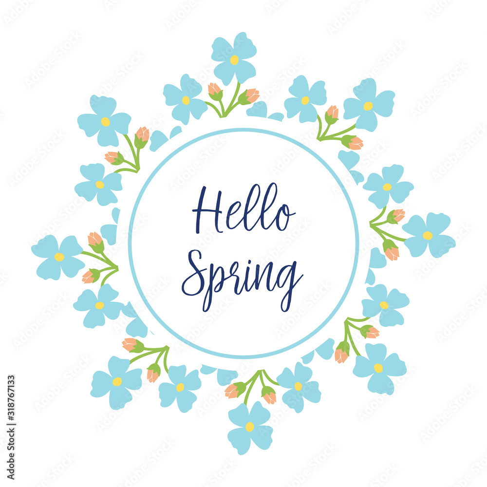 Greeting card hello spring design, with elegant pattern of leaf and floral frame. Vector