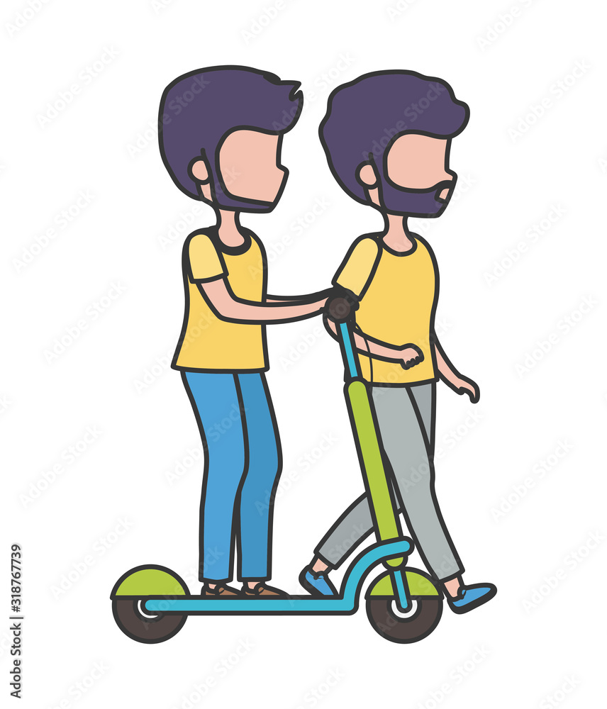 man riding electric scooter and man walking