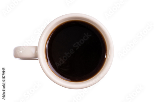 Coffee in white cup, espresso isolated on white. Top view, close up