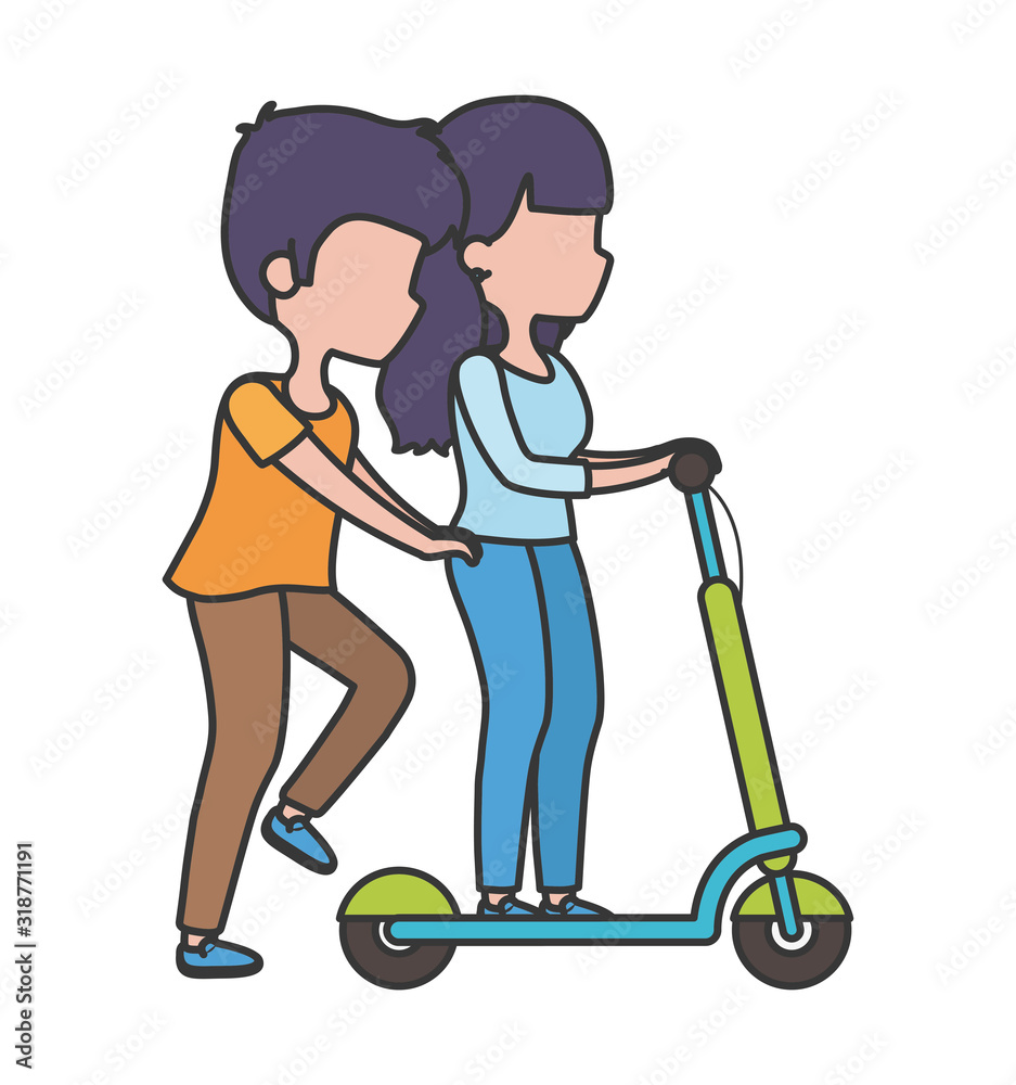young man and woman riding electric scooter healthy lifestyle young man and woman riding electric scooter healthy lifestyle