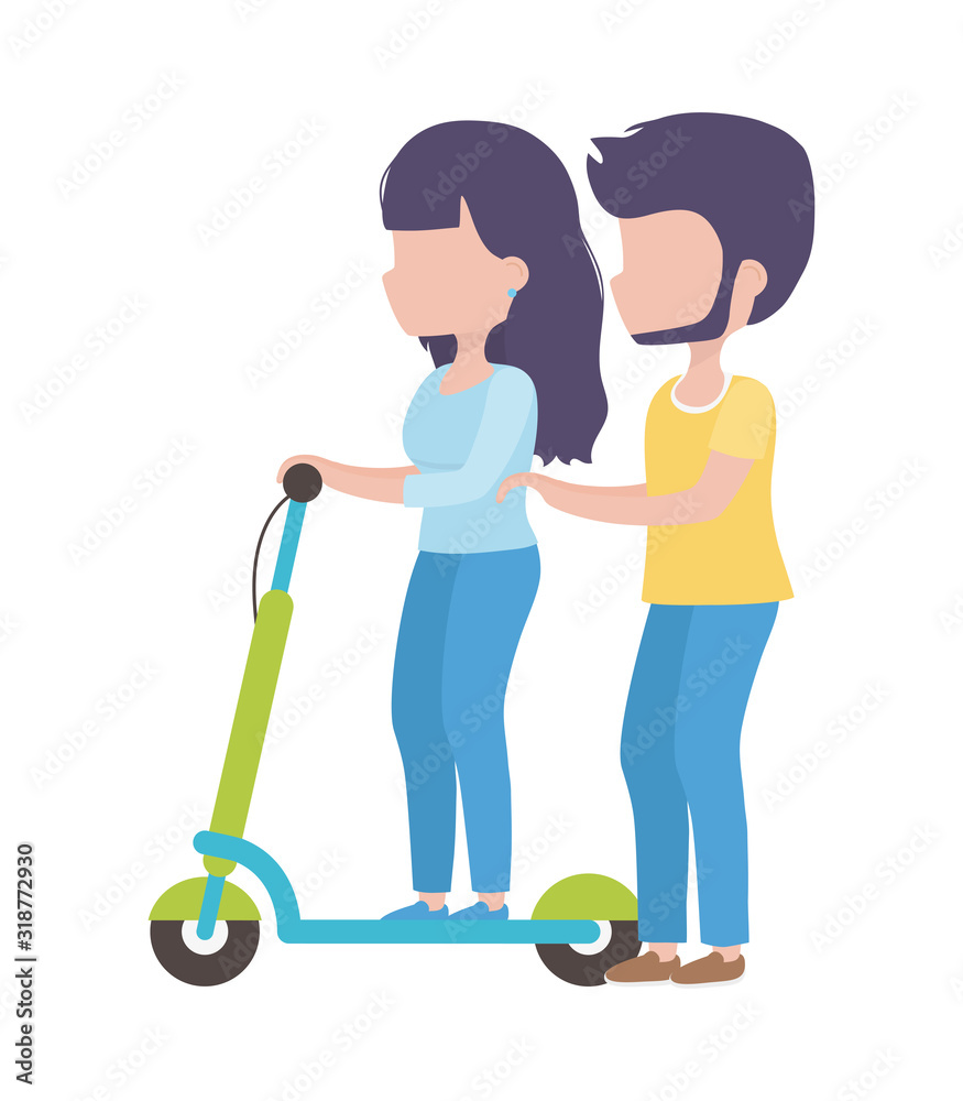 young woman riding scooter and man walk cartoon characters young woman riding scooter and man walk cartoon characters