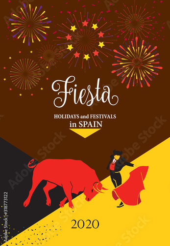Spain fiestas Bullfighting abstract poster. 2020 Spanish San Fermin Festivals, wallpaper. Running bulls main attraction famous celebration, Pamplona fiesta vector logo Bullfight matador Corrida arena