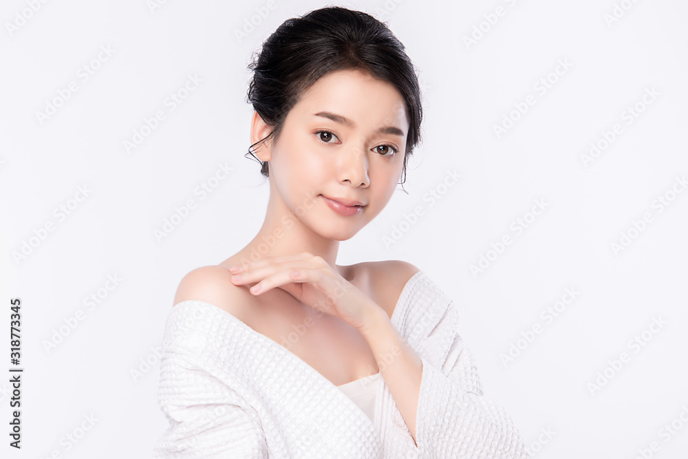 Portrait beautiful young asian woman clean fresh bare skin concept. Asian girl beauty face skincare and health wellness, Facial treatment, Perfect skin, Natural makeup, on white background,two Portrait beautiful young asian woman clean fresh bare skin concept. Asian girl beauty face skincare and health wellness, Facial treatment, Perfect skin, Natural makeup, on white background,two