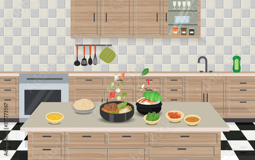 hotpot and ingredients in the kitchen room	