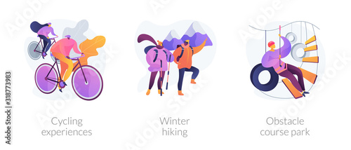 Outdoor sport activities icons set. Cycling experiences, winter hiking, obstacle course park metaphors. Training, exercising, trekking. Vector isolated concept metaphor illustrations
