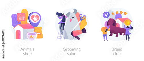 Luxury domestic animals toys and care products store. Professional groomer services. Animals shop, grooming salon, breed club metaphors. Vector isolated concept metaphor illustrations