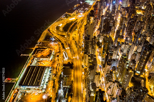 Aerial view of city at night with Light Track