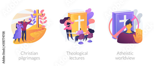 Religious tourism, visiting holy places. Church values promotion. Christian pilgrimages, theological lectures, atheistic worldview metaphors. Vector isolated concept metaphor illustrations