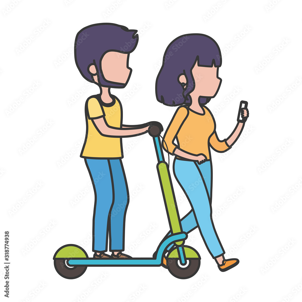 young man riding elecric scooter and woman with smartphone outdoors healthy lifestyle young man riding elecric scooter and woman with smartphone outdoors healthy lifestyle