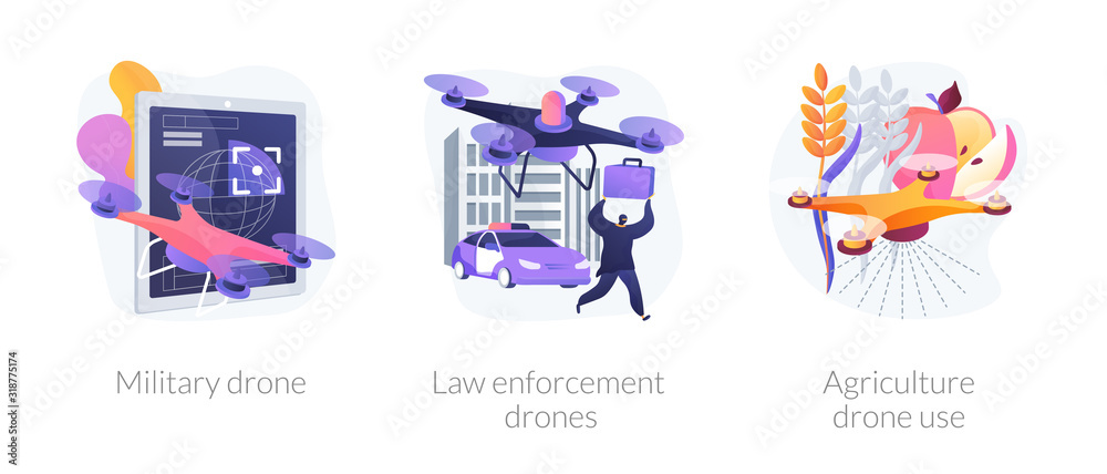 Fototapeta premium Universal quadcopters use. Industrial multifunctional quadrotors application. Military drone, law enforcement drones, agriculture drone use metaphors. Vector isolated concept metaphor illustrations