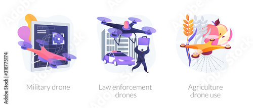 Universal quadcopters use. Industrial multifunctional quadrotors application. Military drone, law enforcement drones, agriculture drone use metaphors. Vector isolated concept metaphor illustrations