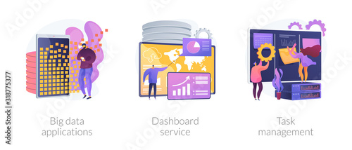 Company projects management optimization. Business activity automation. Big data applications, dashboard service, task management metaphors. Vector isolated concept metaphor illustrations