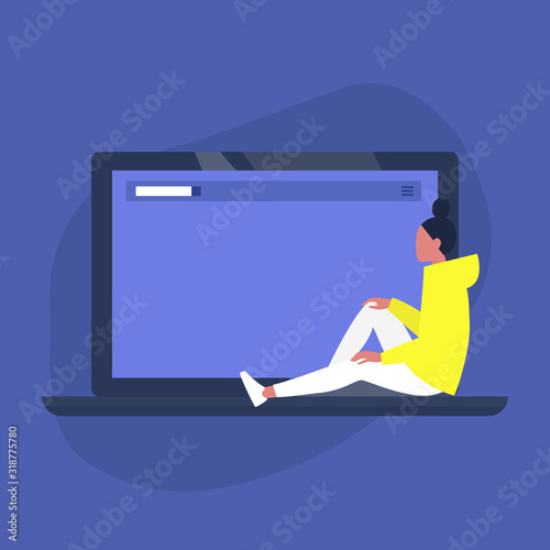 Young female character sitting on a laptop, copy space, design template