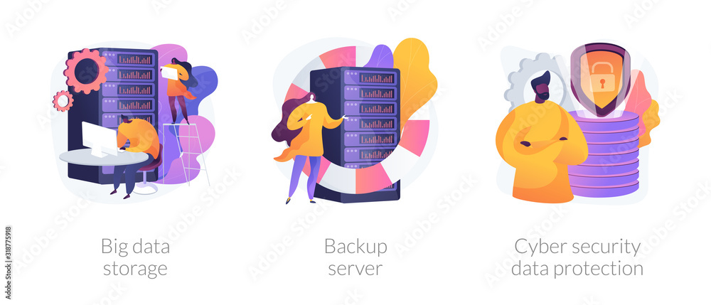 Computer access protection and database security software. Big data storage, backup server, cybersecurity and data protection metaphors. Vector isolated concept metaphor illustrations