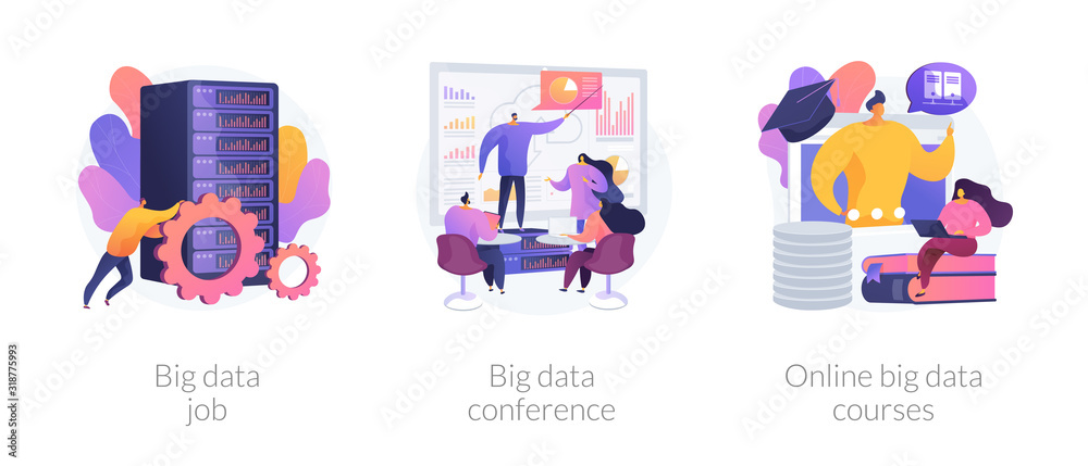 Fototapeta premium Data center, backup server technician. Information management experts meeting. Big data job, big data conference, online big data courses metaphors. Vector isolated concept metaphor illustrations