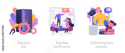 Data center, backup server technician. Information management experts meeting. Big data job, big data conference, online big data courses metaphors. Vector isolated concept metaphor illustrations