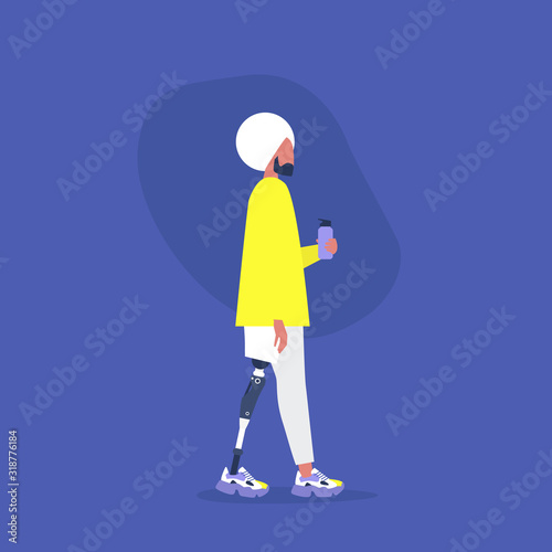 Young indian male character with a prosthetic lower limb holding a water flask, Modern disabled people, New technologies
