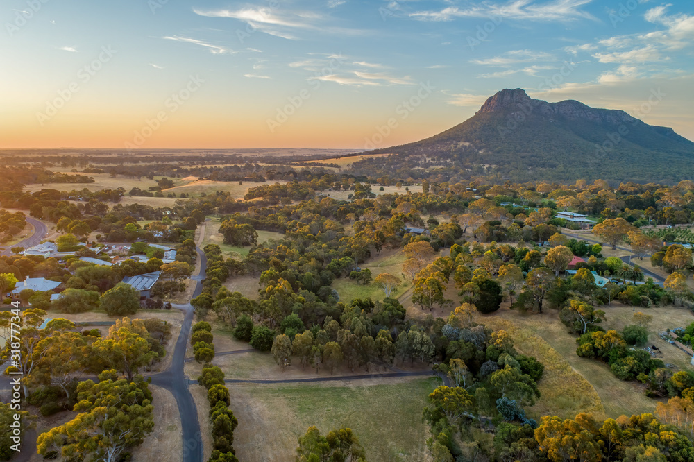Aerial view of Dunkeld township and Mount Sturgeon in Grampians National Park at sunset