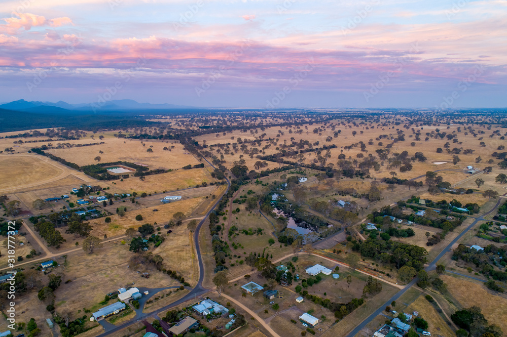 Aerial view of Australian countryside at sunset