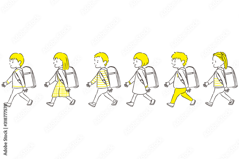 手描き1color 男の子女の子 6人 ランドセルを背負って歩く 手描き1color 男の子女の子 6人 ランドセルを背負って歩く