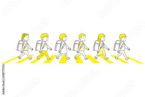 手描き1color  男の子女の子 ランドセル　横断歩道を渡る