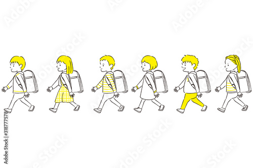 手描き1color  男の子女の子　6人　ランドセルを背負って歩く