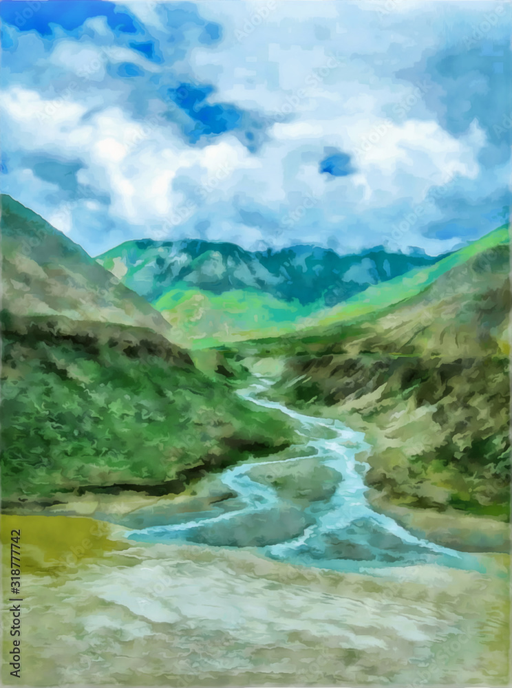 Watercolor mountain landscape, Himalayas, Tibet. Tourism, travel. Mountain and lake views. Digital painting - illustration. Watercolor drawing.