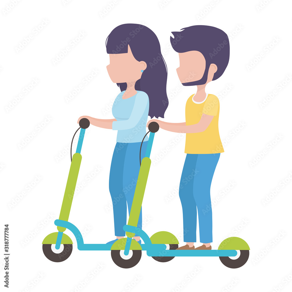 young man and woman riding electric scooter healthy lifestyle young man and woman riding electric scooter healthy lifestyle