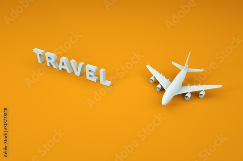 White airplane, airplane on a yellow background. View from above. Volume letters etched are on the surface. Minimal design style. Travel, vacation concept.