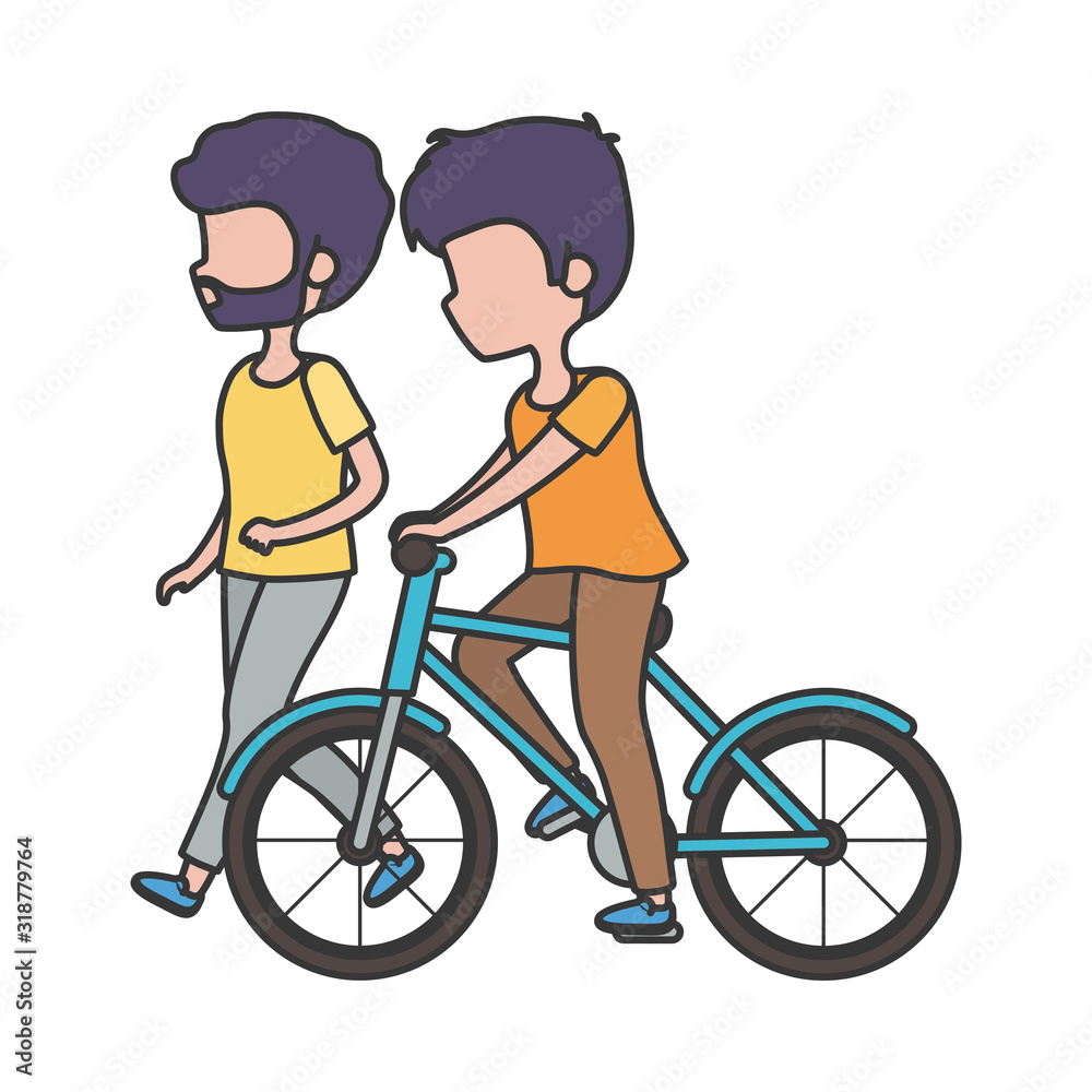 young men walking and riding bike transport young men walking and riding bike transport
