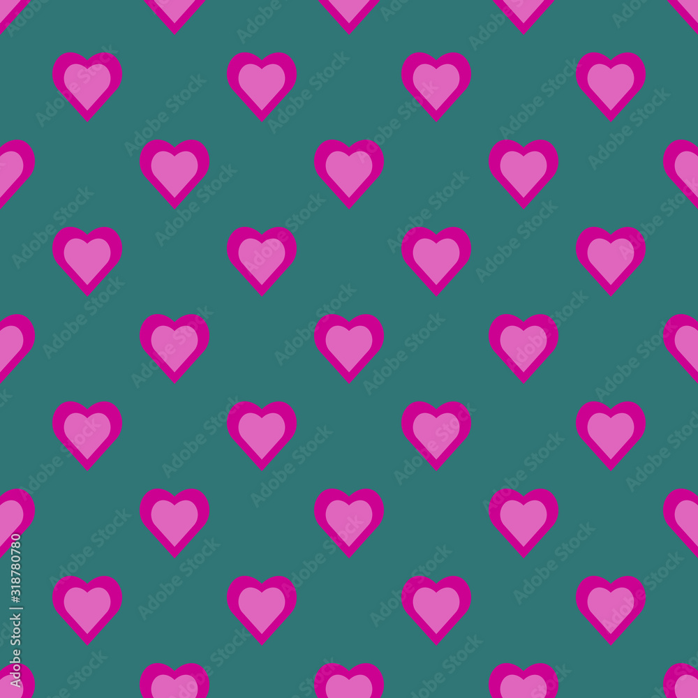 Cute lovingly pink-heart seamless pattern. Isolated on a green background. Flat vector illustration.