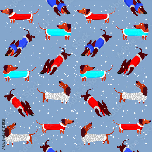 Pattern with Dachshund dogs, winter clothes for dogs, winter