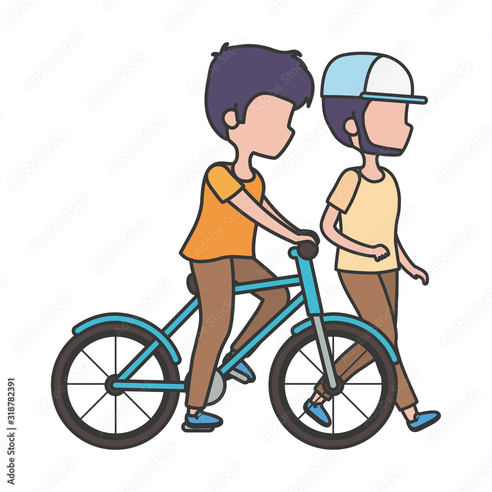 young man riding bike and man walking characters young man riding bike and man walking characters