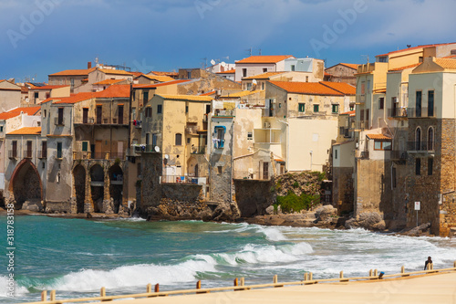 Italy, Sicily, Palermo Province, Cefalu. The beach on the Mediterranean Sea in the town of Cefalu.