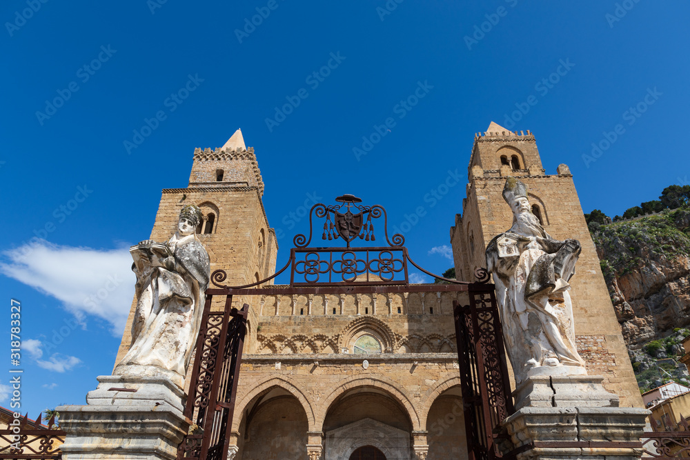 Italy, Sicily, Palermo Province, Cefalu. Exterior view of the towers of the Cefalu Cathedral, a UNESCO World Heritage site.