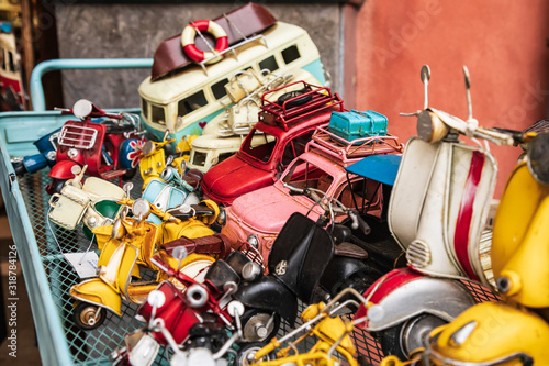 Italy, Sicily, Palermo Province, Castelbuono. Old toys for sale from a street vendor in Castelbuono. © Emily_M_Wilson