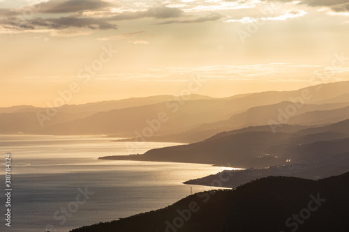 Italy, Sicily, Palermo, Pollina. Late afternoon view of the Sicilian coast from Pollina.