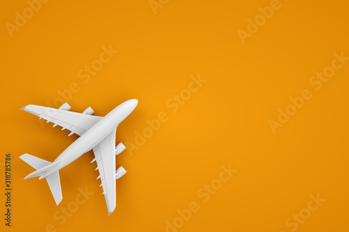 View from above. A white plane stands on the surface of a yellow background. White 3D airplane in the style of minimalism. Travel and vacation concept