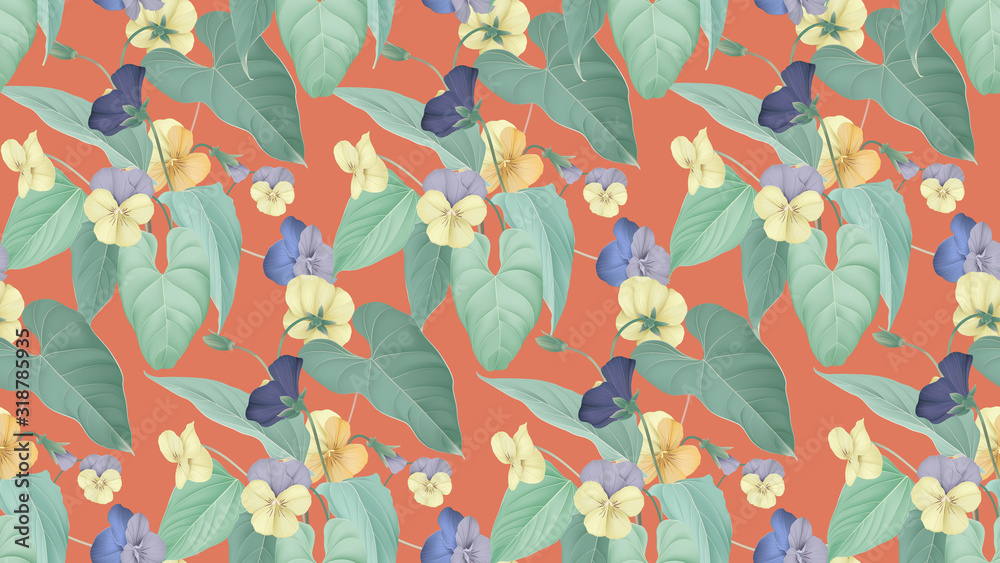 Plakat Floral seamless pattern, yellow and purple pansy flowers with leaves on orange
