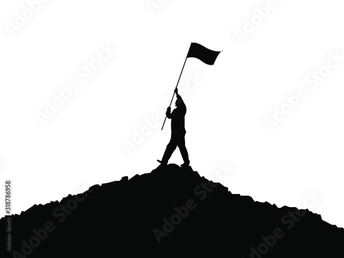 Silhouette of young man and flag on top mountain. Business, success, leadership, achievement and people concept. Vector illustration EPS 10