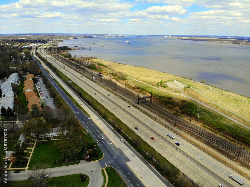 The aerial view of Governor Printz Boulevard, Interstate 495 and the river of Wilmington, Delaware, U.S.A