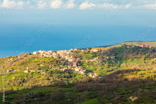 Italy, Sicily, Messina Province, Montalbano Elicona. The Mediterranean Sea seen from the hills near Montalbano Elicona.