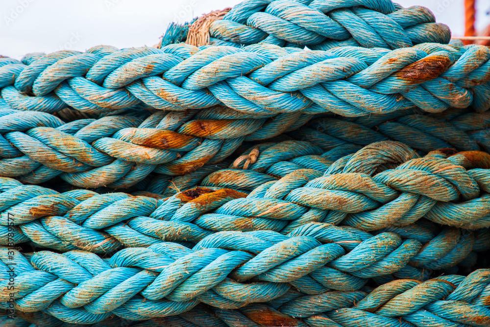 Italy, Sicily, Agrigento Province, Sciacca..Ropes on a fishing boat in the harbor of Sciacca, on the Mediterranean Sea.