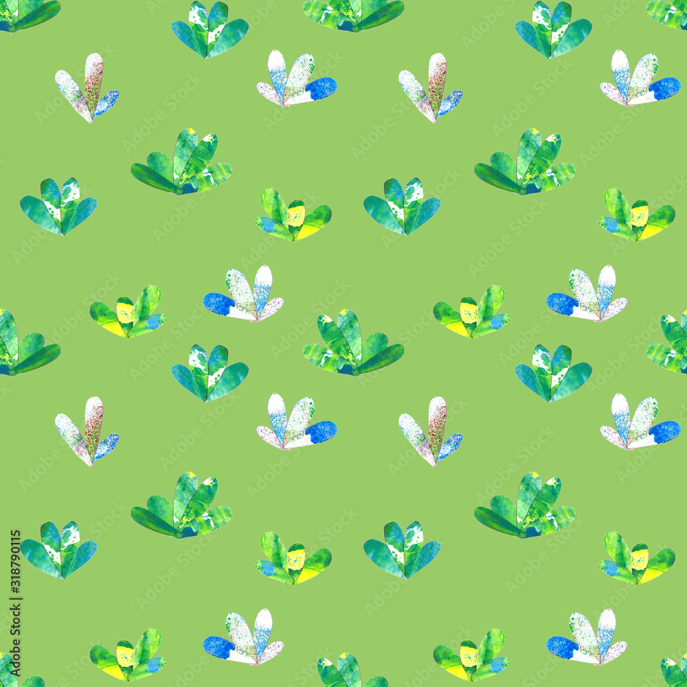 Obraz premium Colorful watercolor hand made craft paper collage of grass seamless pattern on green background. Floral endless print. Botanical wallpaper.