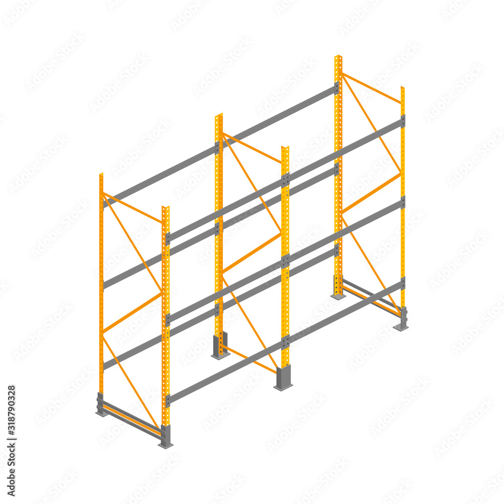Big isometric empty warehouse metallic rack, twin shelving isolated on white. 3d storage equipment vector illustration. Logistic Delivery Service element for web, design, infographics, apps Big isometric empty warehouse metallic rack, twin shelving isolated on white. 3d storage equipment vector illustration. Logistic Delivery Service element for web, design, infographics, apps