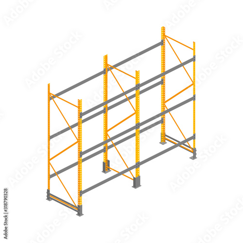 Big isometric empty warehouse metallic rack, twin shelving isolated on white. 3d storage equipment vector illustration. Logistic Delivery Service element for web, design, infographics, apps