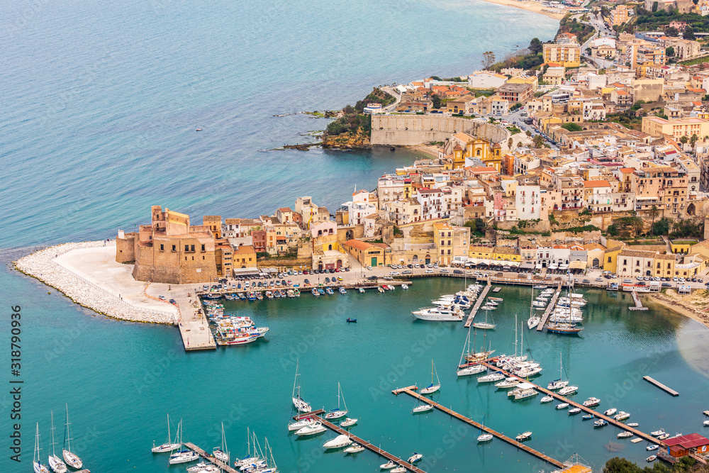 Italy, Sicily, Trapani Province, Castellammare del Golfo.  Boats in the harbor in the coastal town of Castellammare del Golfo.