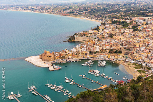 Italy, Sicily, Trapani Province, Castellammare del Golfo. Boats in the harbor in the coastal town of Castellammare del Golfo.